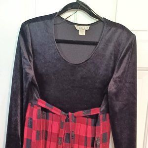 STUDIO C Black Velvet & Red Tartan Long Sleeve Midi Maxi Dress / Size 12/L